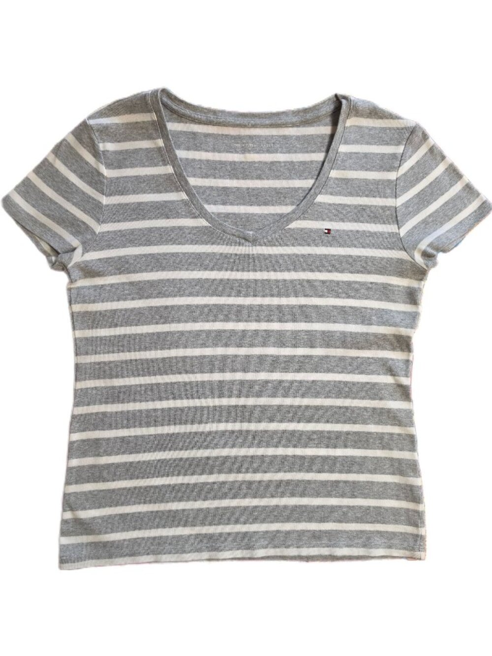 Tommy Hilfiger Striped V-Neck Favorite Tee Gray White L